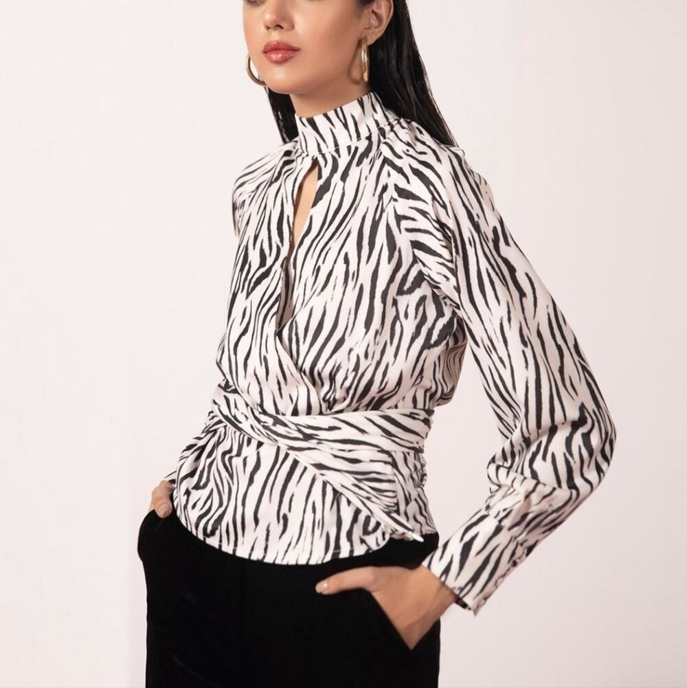 Sapphire West Zebra Print High-Neck Peplum Blouse